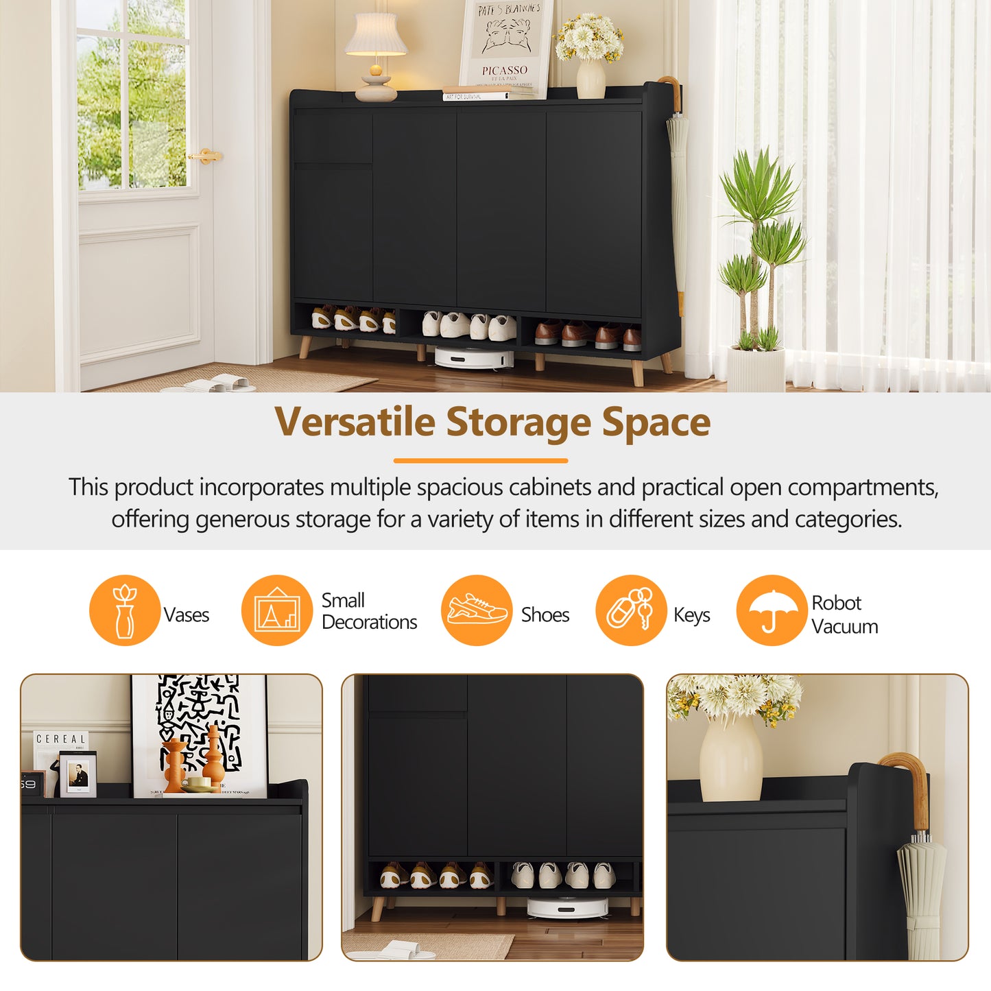 Black Shoe Cabinet with Adjustable Shelves - Storage Sideboard for Living Room