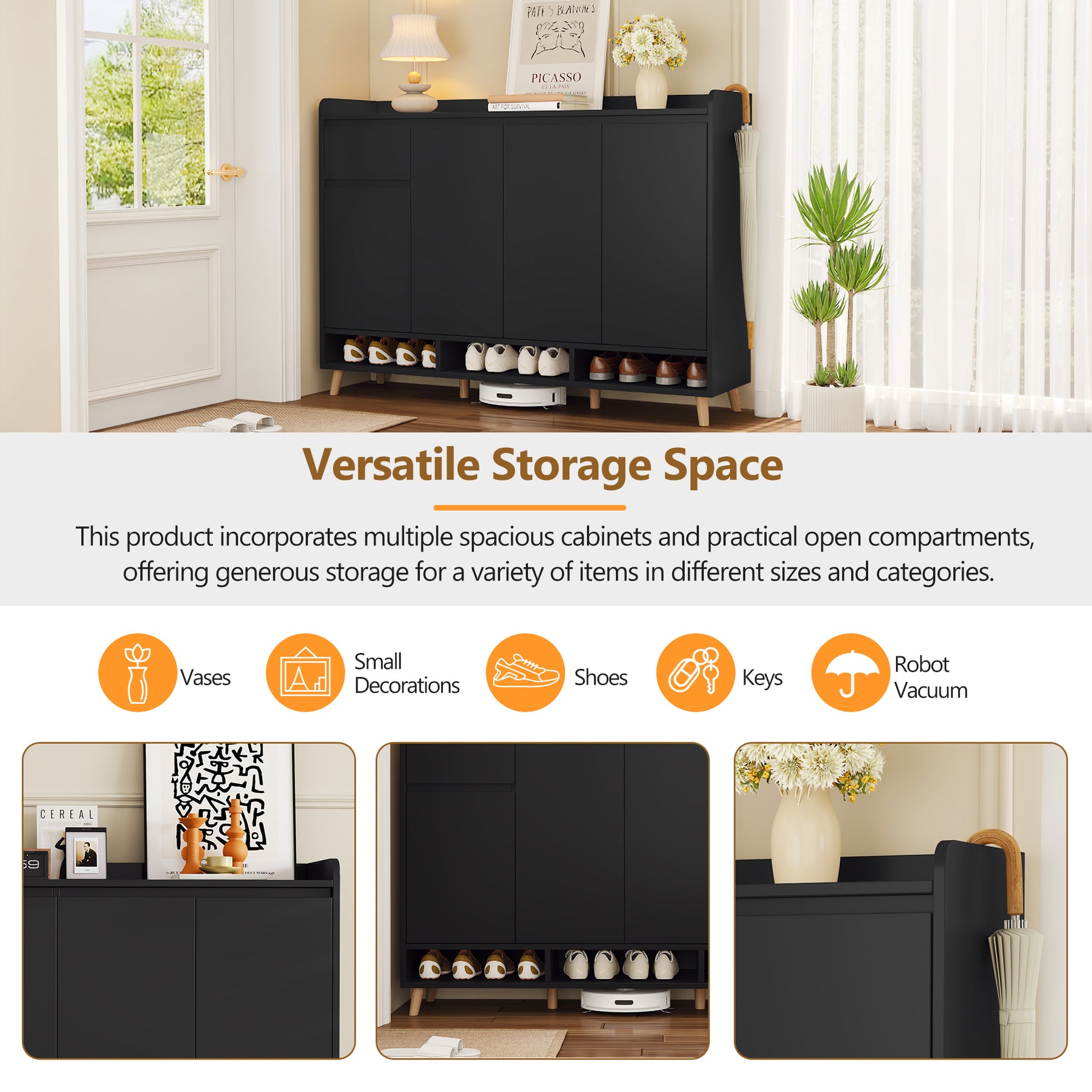 Black Shoe Cabinet with Adjustable Shelves - Storage Sideboard for Living Room