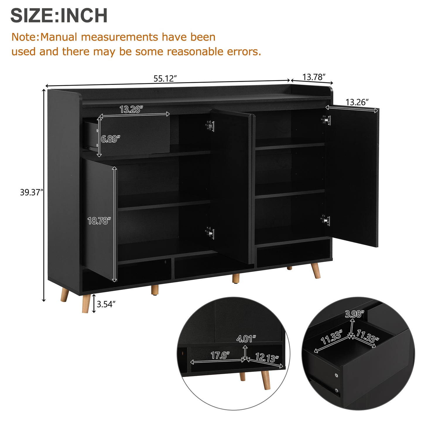 Black Shoe Cabinet with Adjustable Shelves - Storage Sideboard for Living Room