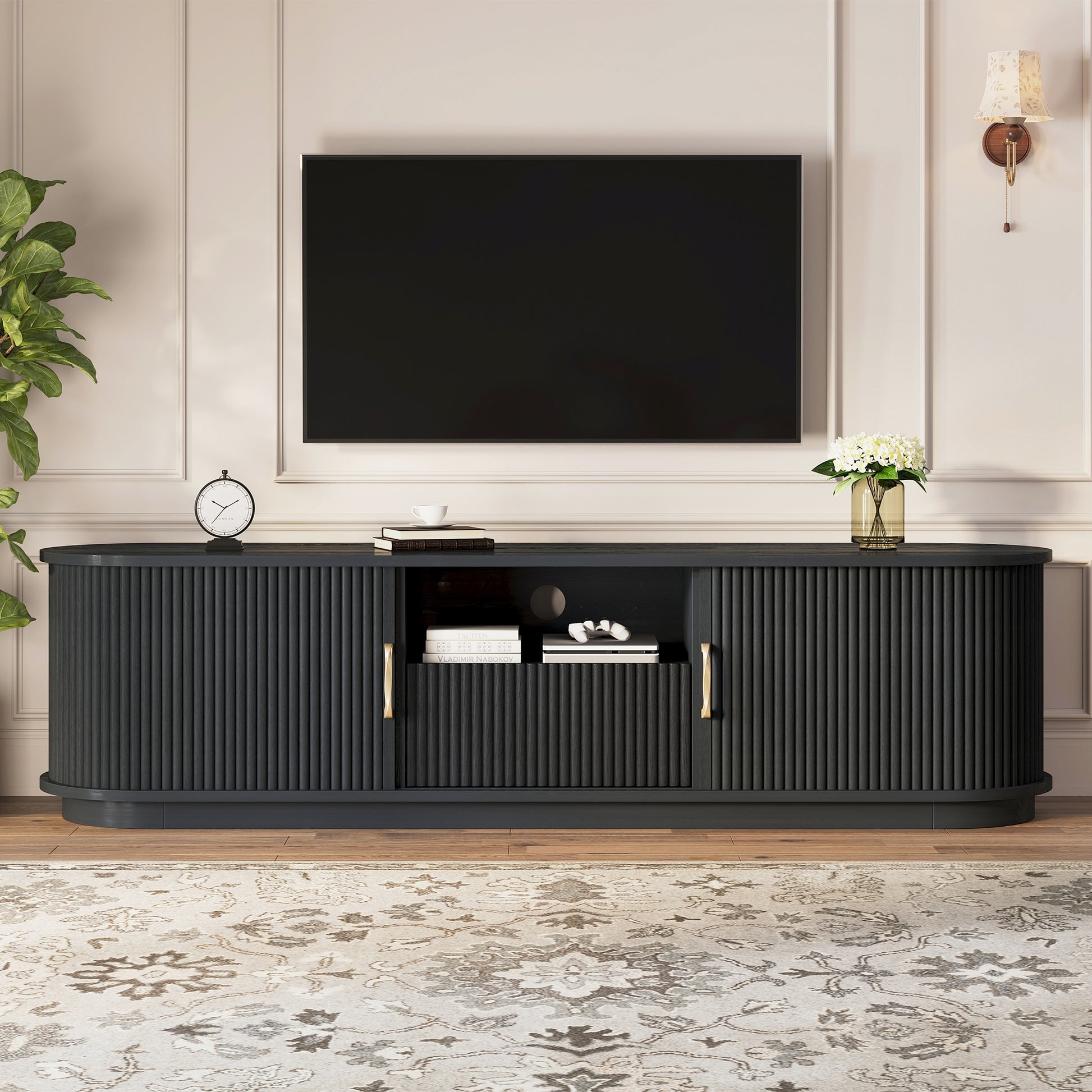 Black Slatted Media Console with Sliding Doors for Living Room Storage