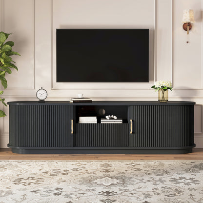 Black Slatted Media Console with Sliding Doors for Living Room Storage