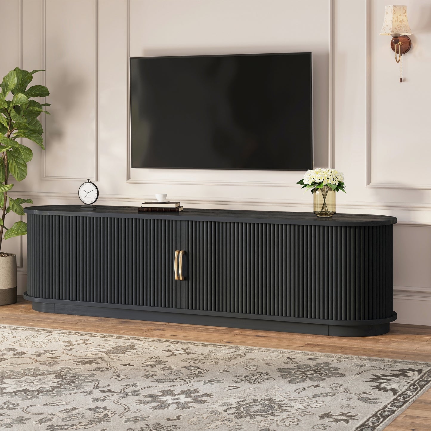 Black Slatted Media Console with Sliding Doors for Living Room Storage