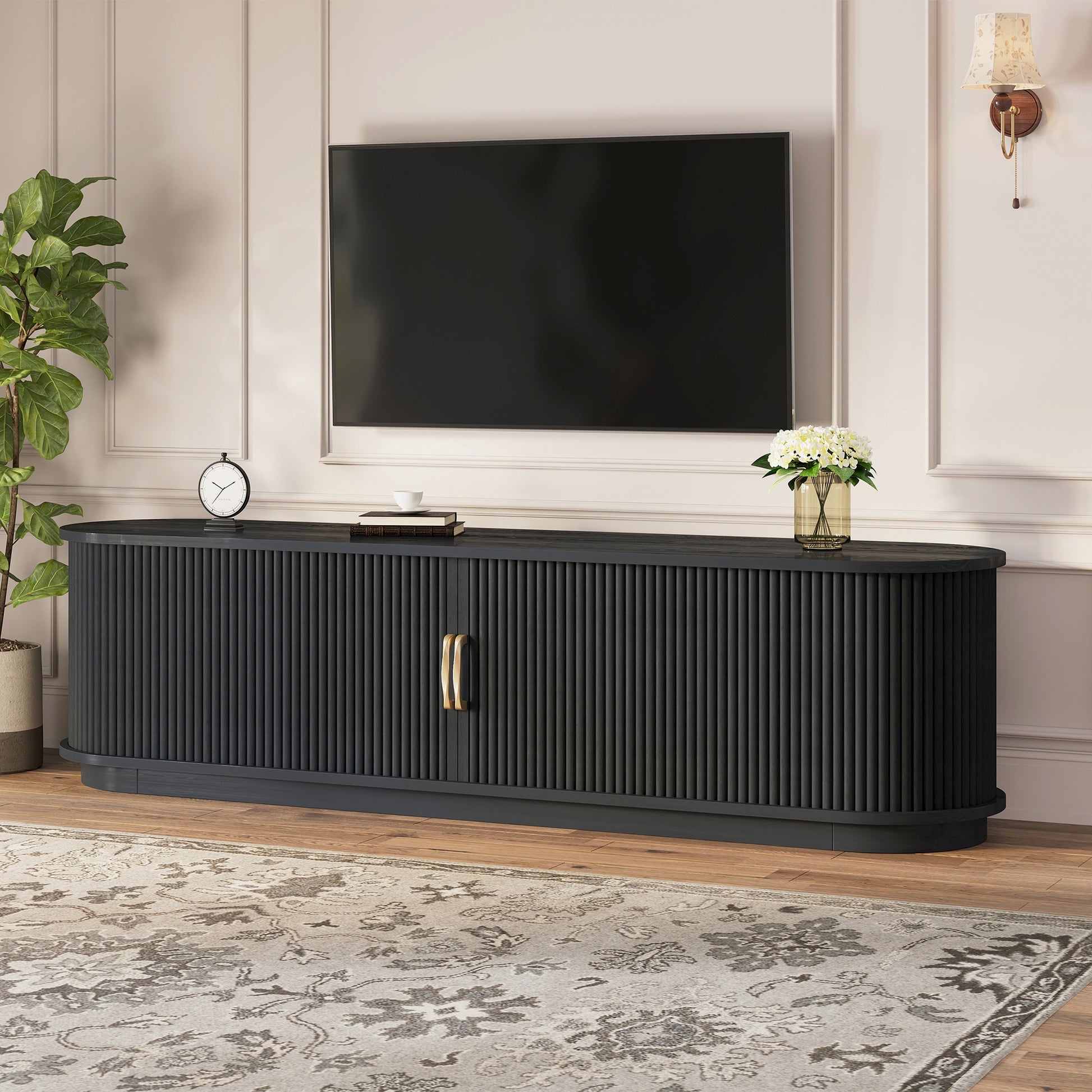 Black Slatted Media Console with Sliding Doors for Living Room Storage
