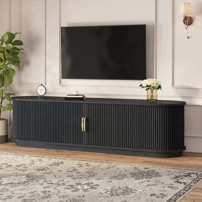 Black Slatted Media Console with Sliding Doors for Living Room Storage