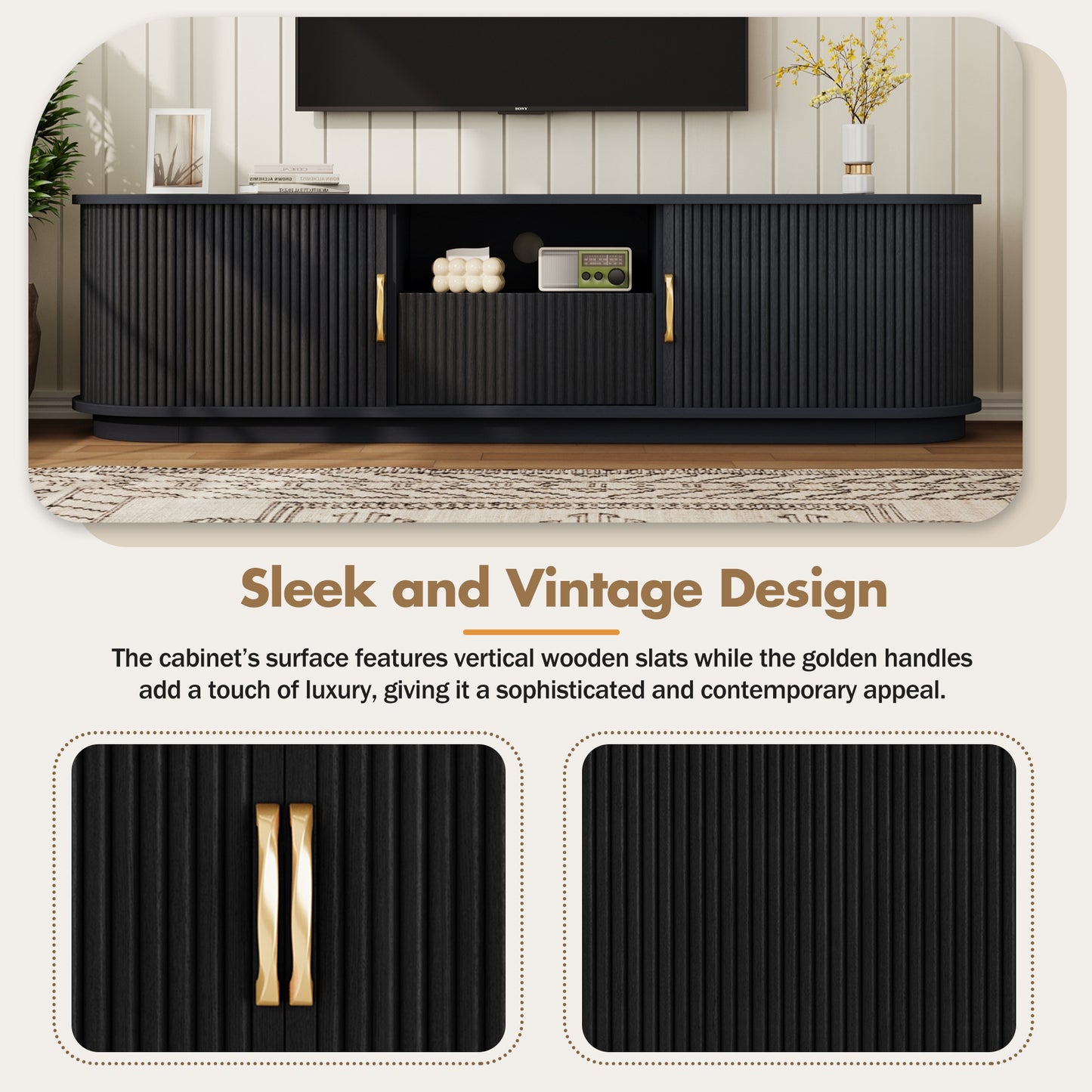 Black Slatted Media Console with Sliding Doors for Living Room Storage
