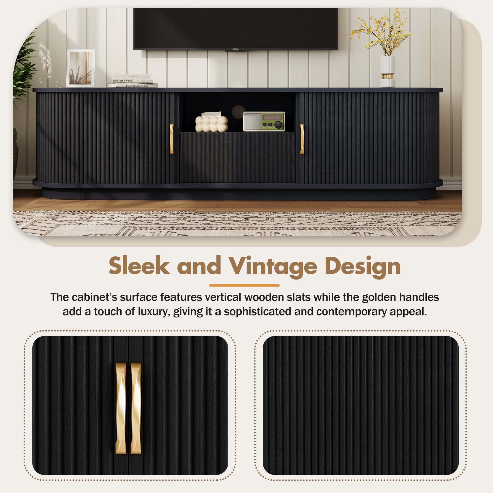 Black Slatted Media Console with Sliding Doors for Living Room Storage