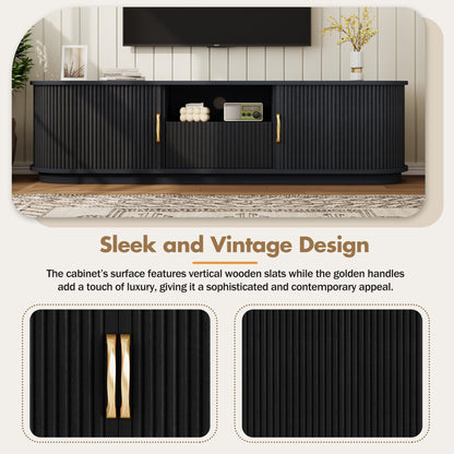 Black Slatted Media Console with Sliding Doors for Living Room Storage