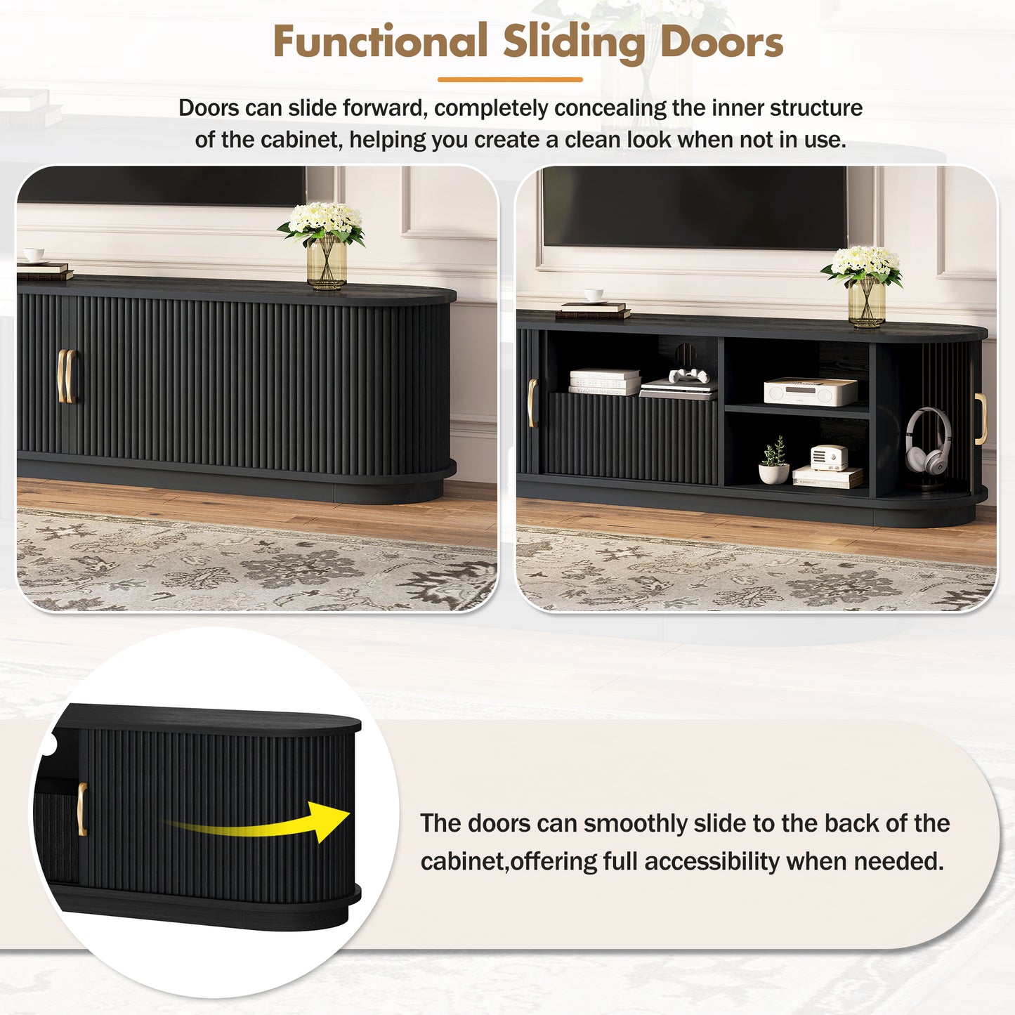 Black Slatted Media Console with Sliding Doors for Living Room Storage