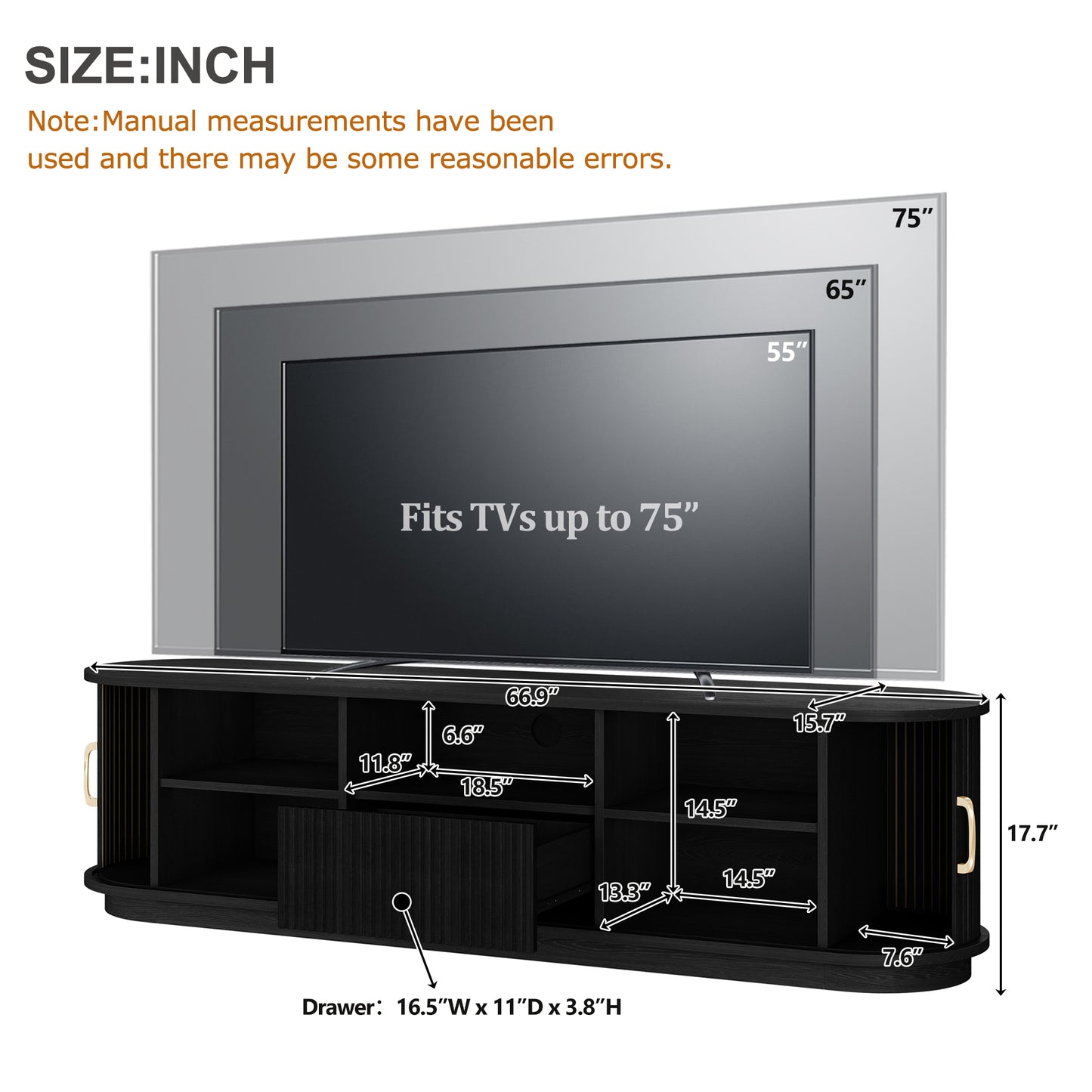 Black Slatted Media Console with Sliding Doors for Living Room Storage