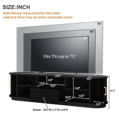 Black Slatted Media Console with Sliding Doors for Living Room Storage