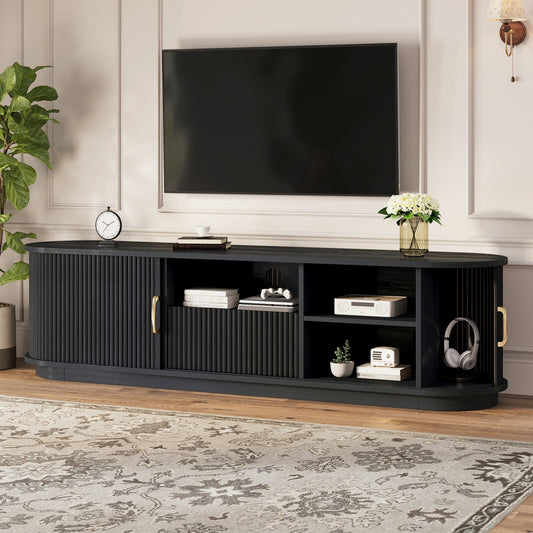 Vintage Rustic TV Stand with Sliding Wood Slatted Doors for TVs up to 75", Farmhouse Fluted TV Cabinet with Drawer, Wood Grain Media Console with Cable Management for Living Room, Bedroom, Black