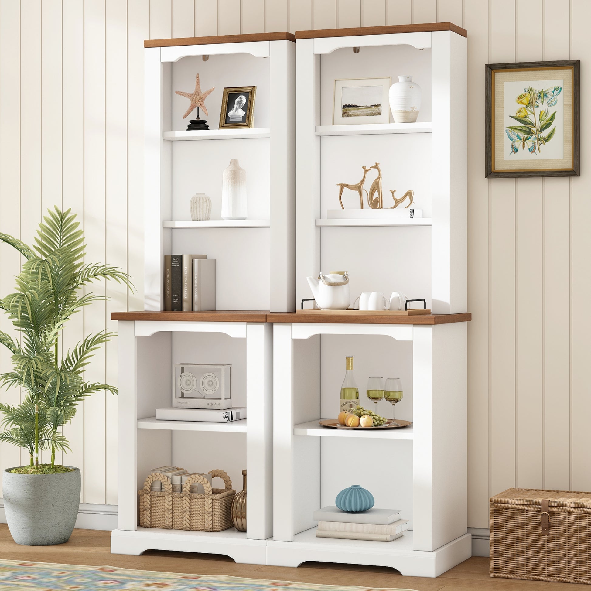 ON-TREND Two-Piece Elegant Freestanding Tall Cabinet with Fully Open Storage, Walnut Element Bookshelves with Curved Design, Stylish Display Bookcase with Anti-Tip Device for Living Room, White