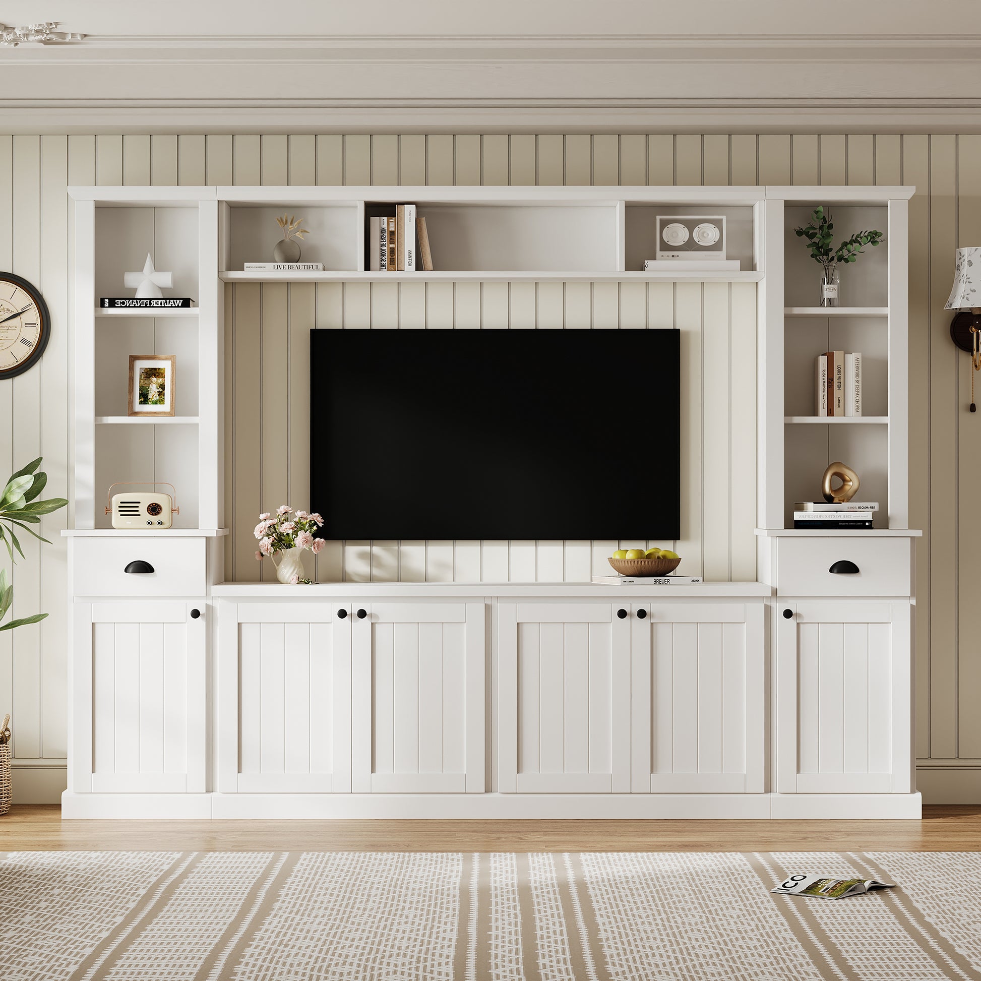 Large White TV Stand Set with Storage Shelves for Living Room