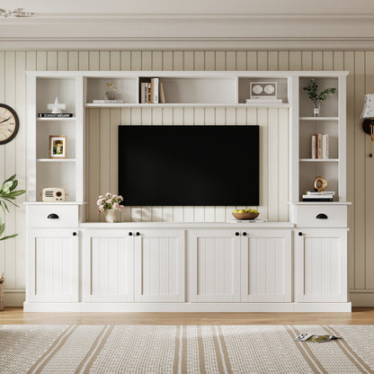 Large White TV Stand Set with Storage Shelves for Living Room