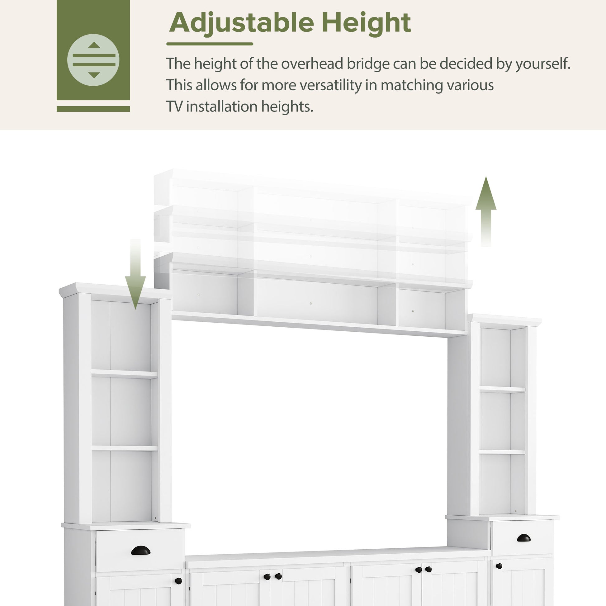 Large White TV Stand Set with Storage Shelves for Living Room