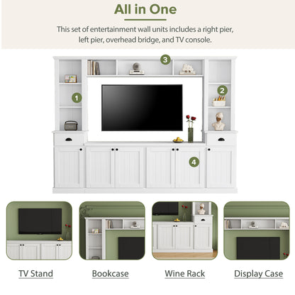 Large White TV Stand Set with Storage Shelves for Living Room