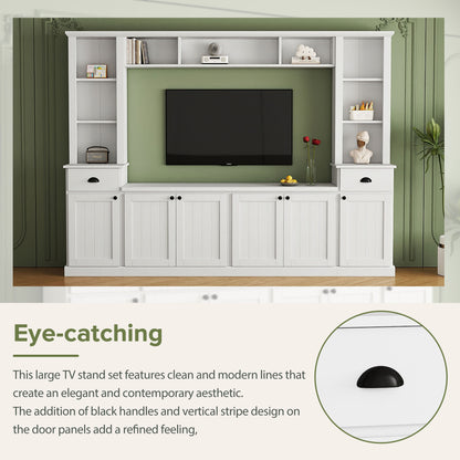 Large White TV Stand Set with Storage Shelves for Living Room