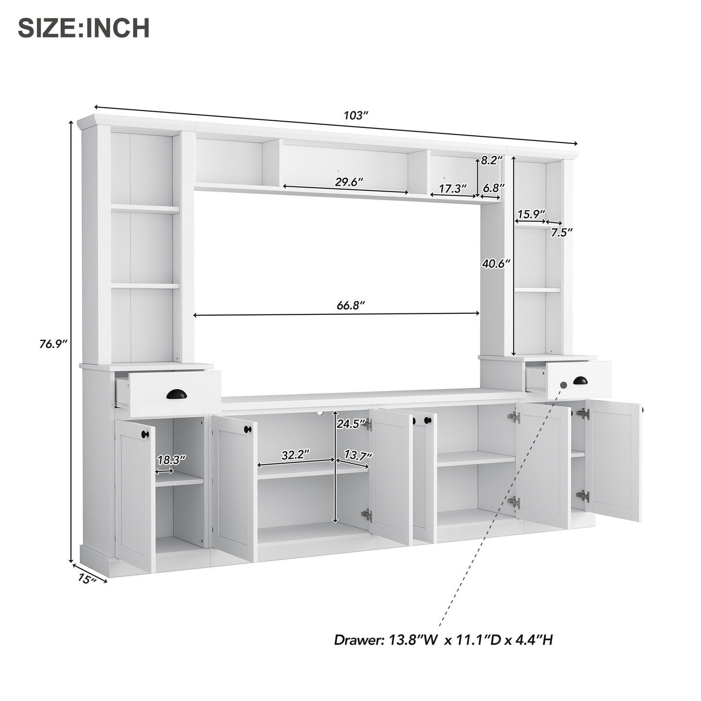Large White TV Stand Set with Storage Shelves for Living Room