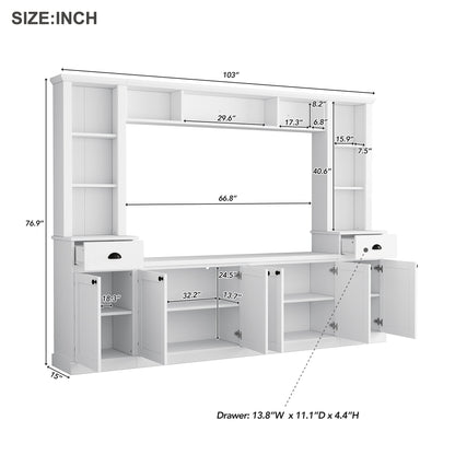 Large White TV Stand Set with Storage Shelves for Living Room
