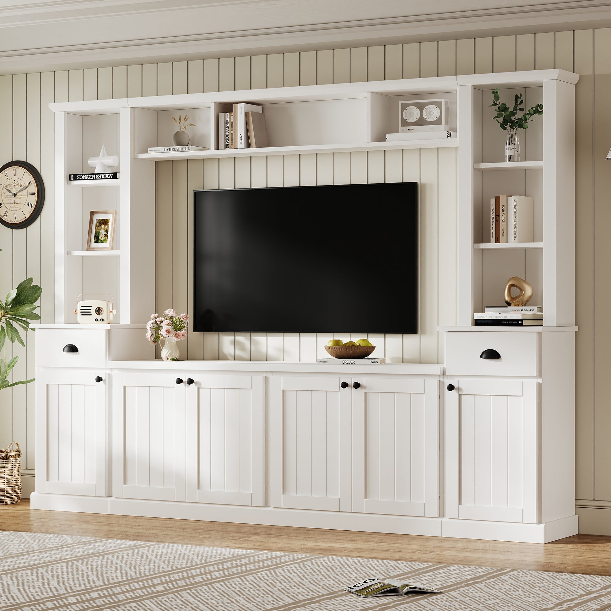 Minimalist Entertainment Wall Unit Set with Bridge for TVs Up to 75'', Ample Storage Space TV Stand with Adjustable Shelves, Modernist Large Media Console for Living Room, White (NEW SKU: SD000061AAK)
