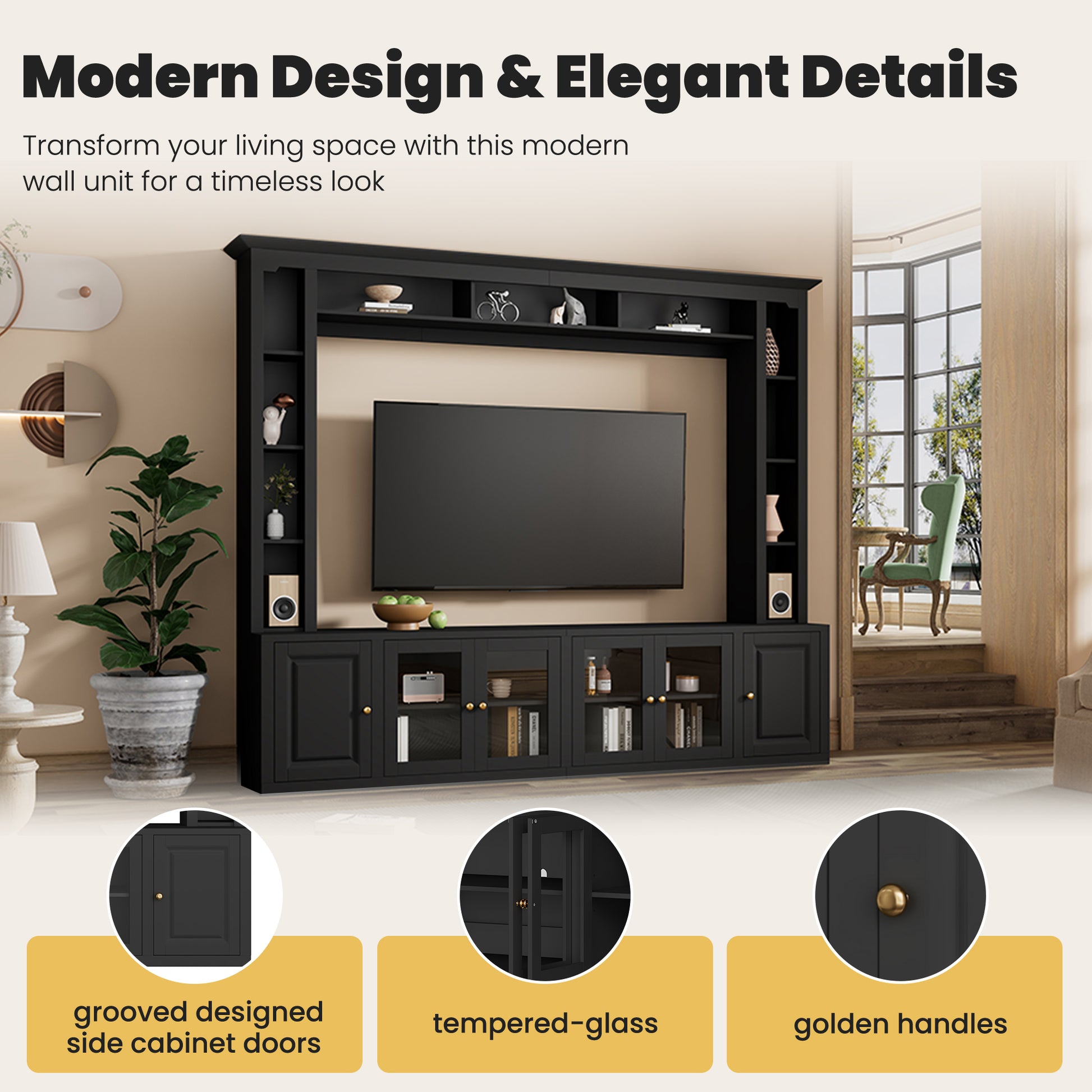 4-Piece Modern TV Wall Unit - Black Storage & Display
