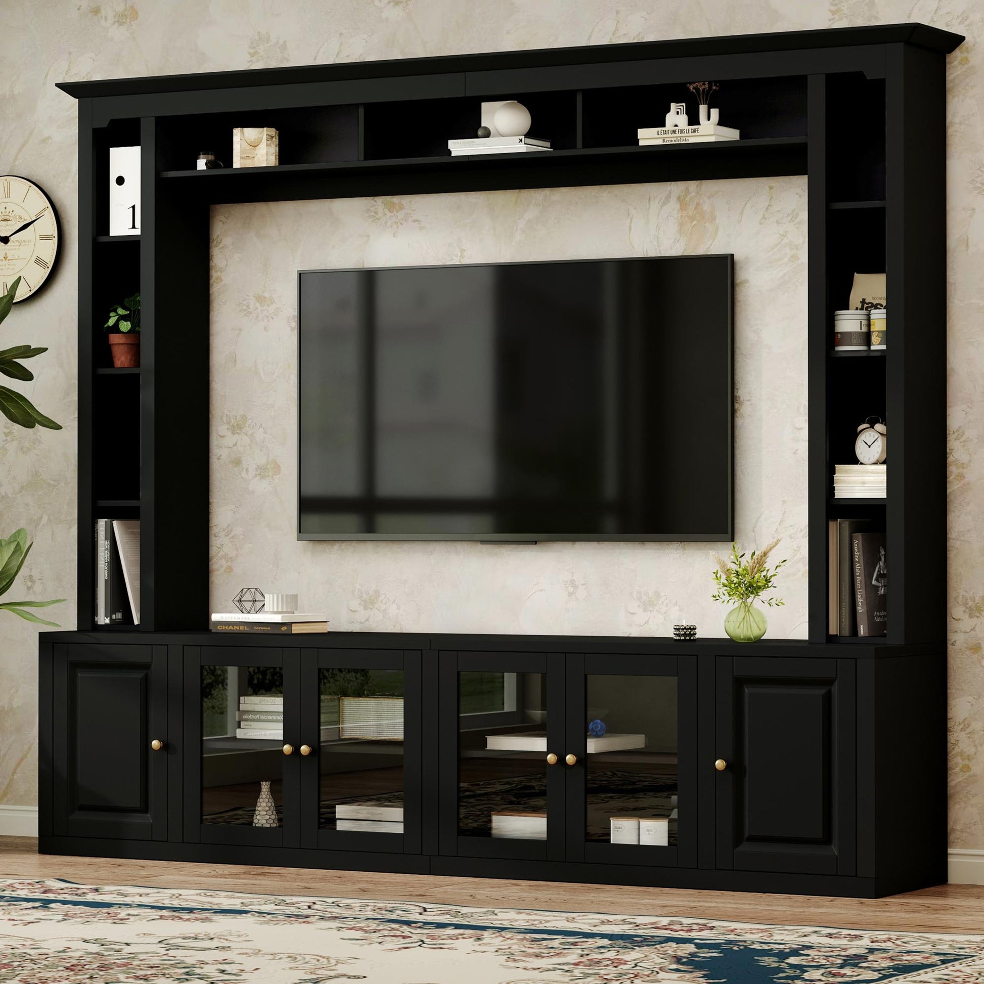 4-Piece Modern Entertainment Center Wall Unit with Bookshelves, All-in-1 Large TV Stand with Tempered Glass Door for TVs Up to 80", 92inch Media Console with Adjustable Shelves for Living Room, Black