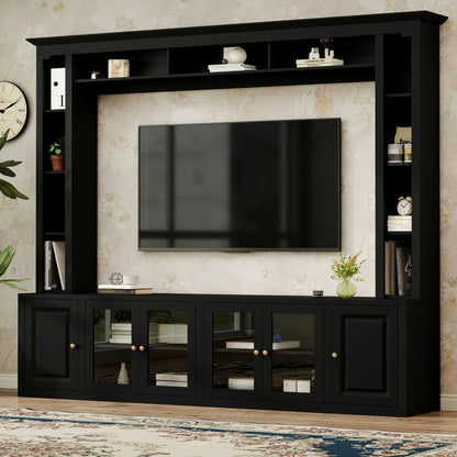 4-Piece Modern Entertainment Center Wall Unit with Bookshelves, All-in-1 Large TV Stand with Tempered Glass Door for TVs Up to 80", 92inch Media Console with Adjustable Shelves for Living Room, Black