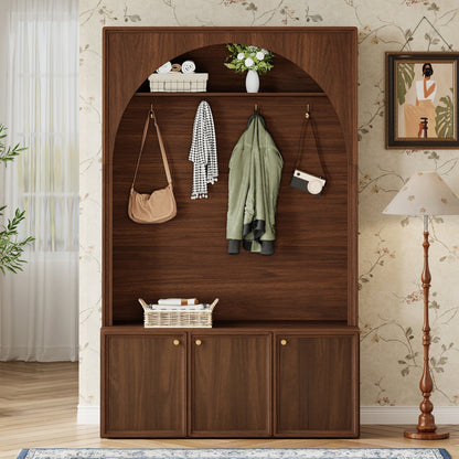 Walnut Hall Tree with Adjustable Shelves - Entryway Storage Bench