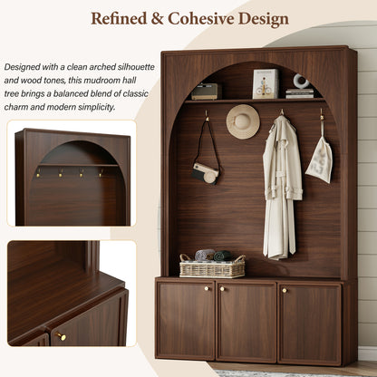 Walnut Hall Tree with Adjustable Shelves - Entryway Storage Bench