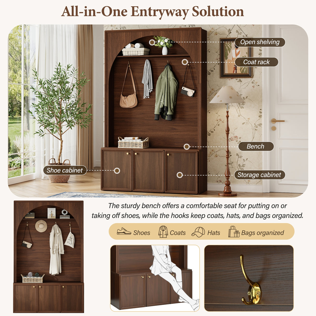 Walnut Hall Tree with Adjustable Shelves - Entryway Storage Bench