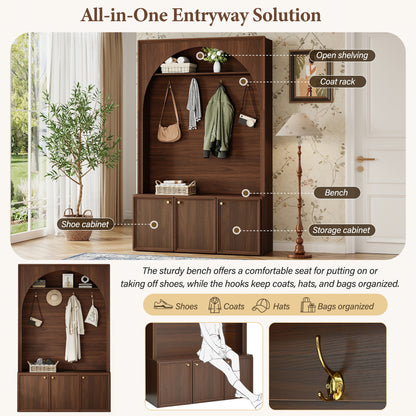 Walnut Hall Tree with Adjustable Shelves - Entryway Storage Bench