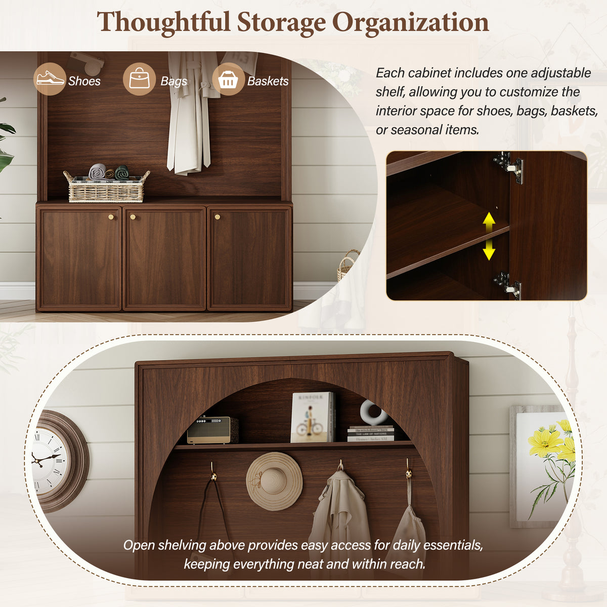 Walnut Hall Tree with Adjustable Shelves - Entryway Storage Bench