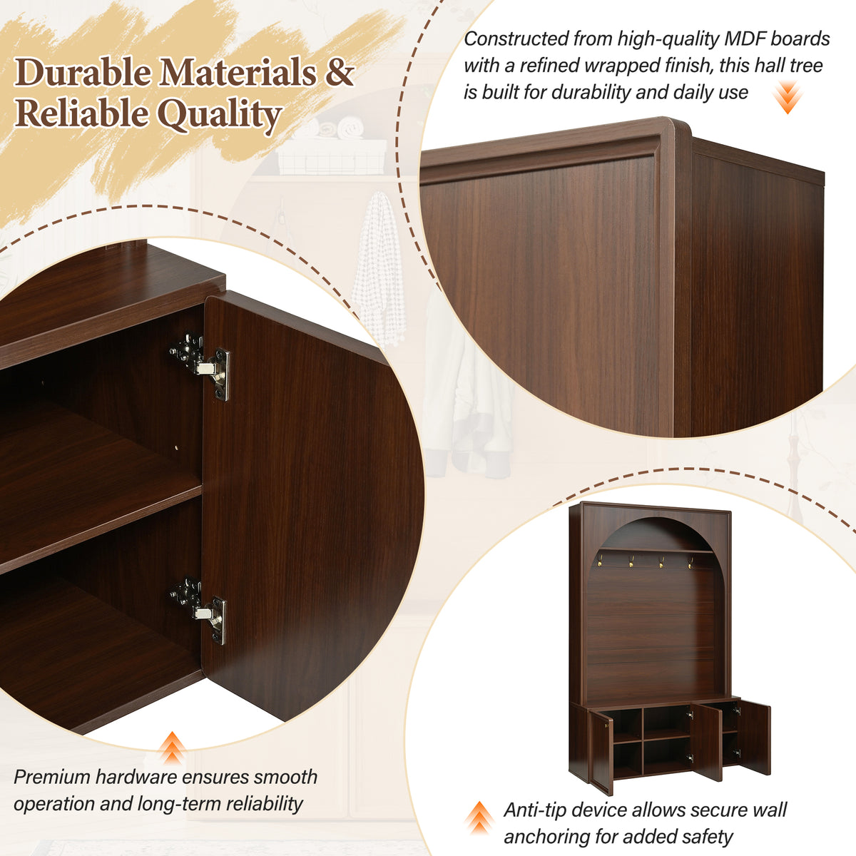 Walnut Hall Tree with Adjustable Shelves - Entryway Storage Bench