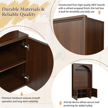 Walnut Hall Tree with Adjustable Shelves - Entryway Storage Bench