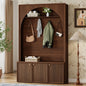 ON-TREND Farmhouse All-in-One Hall Tree with Adjustable Shelves, Retro Arched Entryway Storage Bench with 3 Cabinets, Wooden Coat Rack Organizer with 4 Golden Hooks for Mudroom, Hallway, Walnut