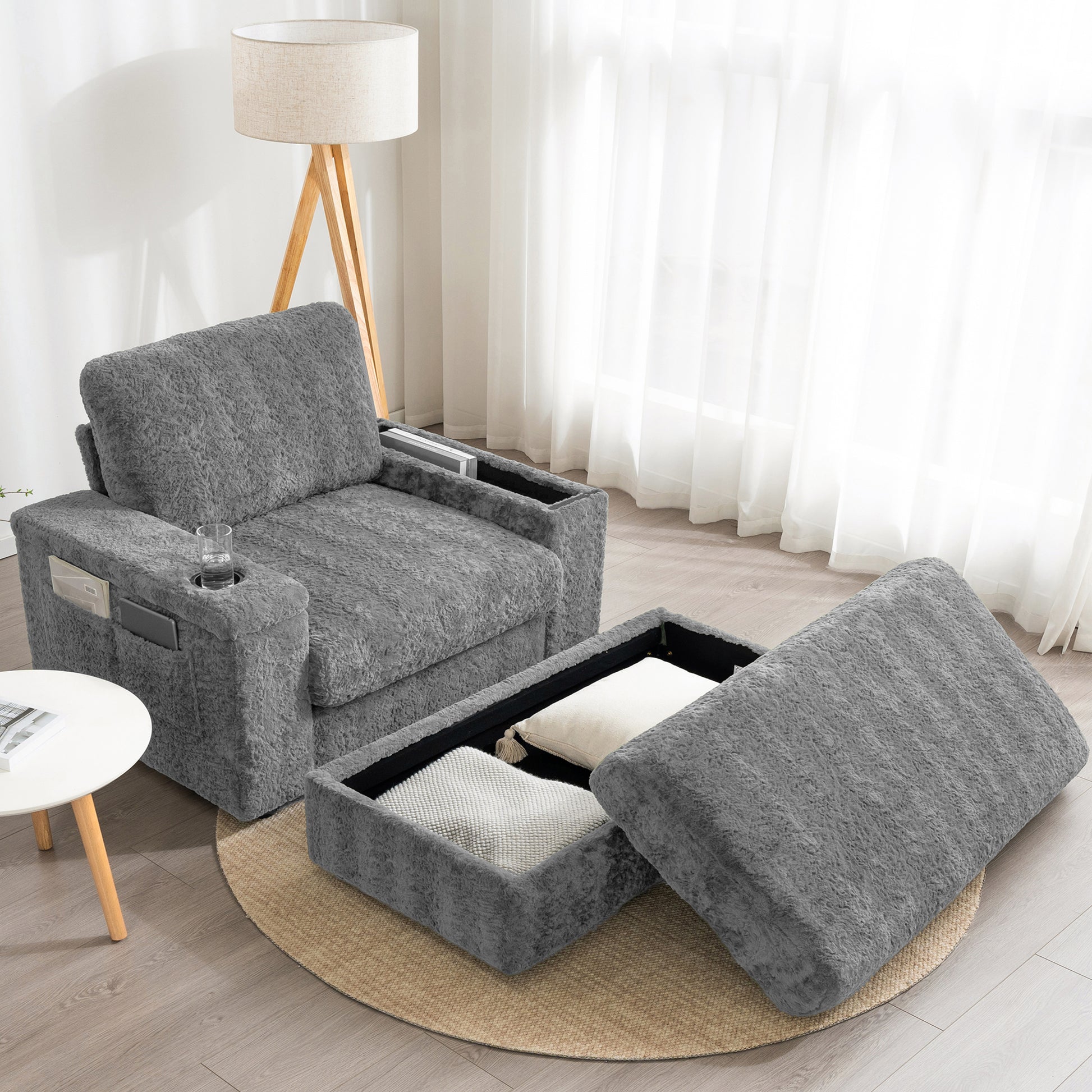 42" Oversized Single Sofa, Faux Rabbit Fur Armchair with Cup Holders, Upholstered Chaise Lounge with Storage Ottoman and Armrests, Sleeper Reading Couch with Deep Seat for Living Room, Apartment