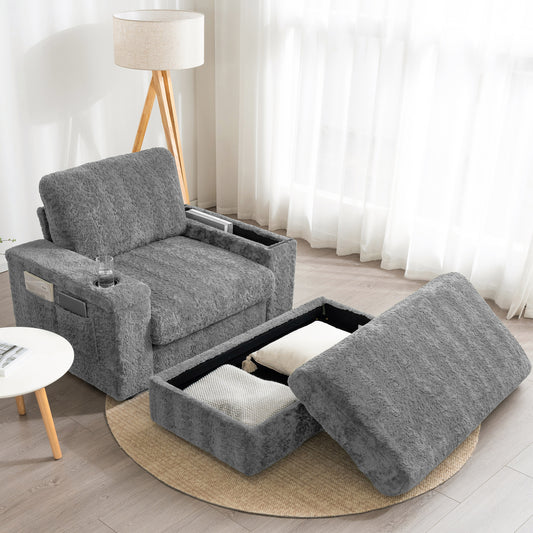 42" Oversized Single Sofa, Faux Rabbit Fur Armchair with Cup Holders, Upholstered Chaise Lounge with Storage Ottoman and Armrests, Sleeper Reading Couch with Deep Seat for Living Room, Apartment
