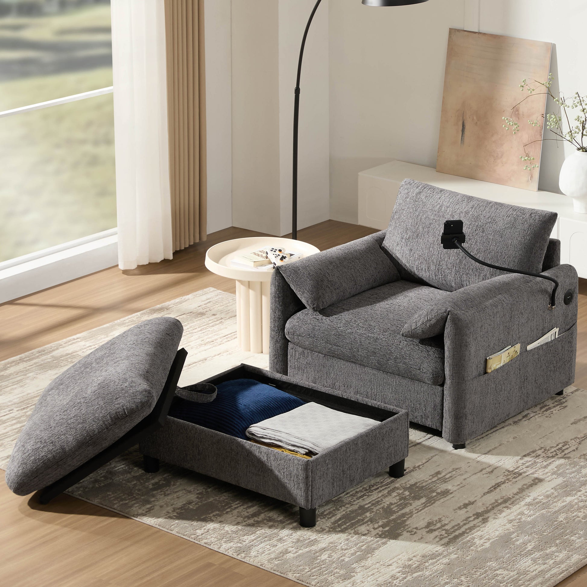 38" Single Sofa with Storage Ottoman, Adjustable Phone Holder, USB Charger, Side Storage Pockets, Pillow-Like Armrests, Wide Seat Chaise Lounge for Living Room&Apartment, Chenille, 4 Colors
