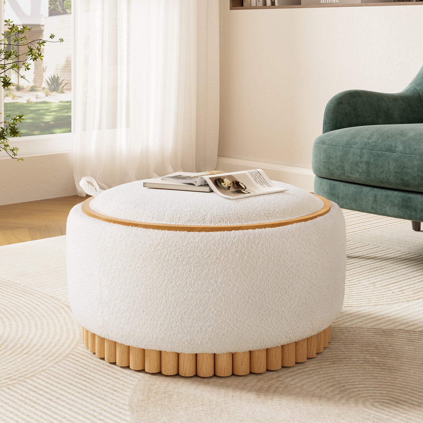 29" Round Storage Ottoman with Solid Wood Legs, Modern Coffee Table with Reversible Lid, Wood Frame, Boucle Fabric Footrest for Living Room, No Assembly Required