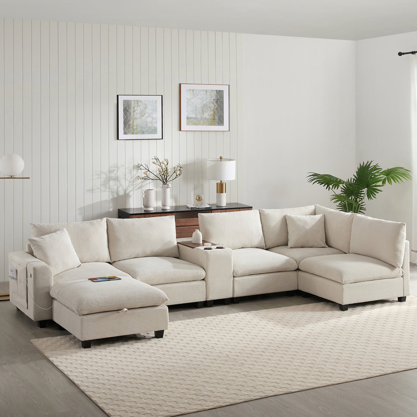[VIDEO]140'' Oversized Modular Sectional Sofa with Movable Storage Ottoman and Console,Removable Storage Pockets,Cup Holder,Wide Seat,USB Charger,6 Seat U Shaped Corduroy Couch for Living Room,2 Color