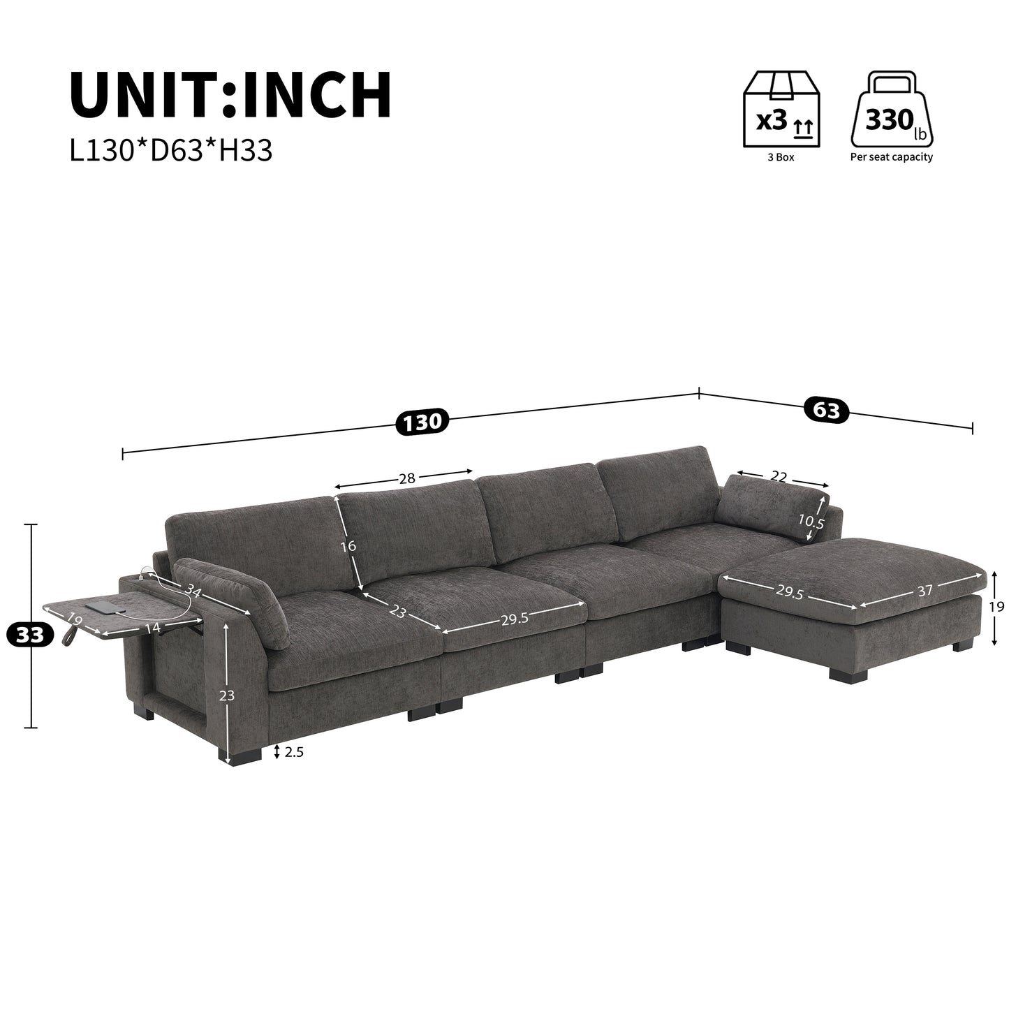 130" Modular Sectional Sofa - Charcoal Chenille with Folding Table & Charging