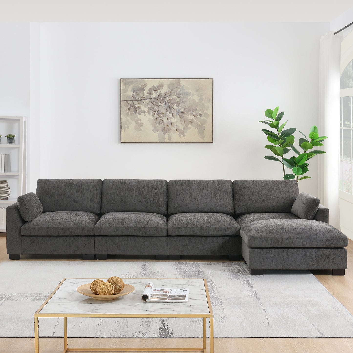 130" Modular Sectional Sofa - Charcoal Chenille with Folding Table & Charging