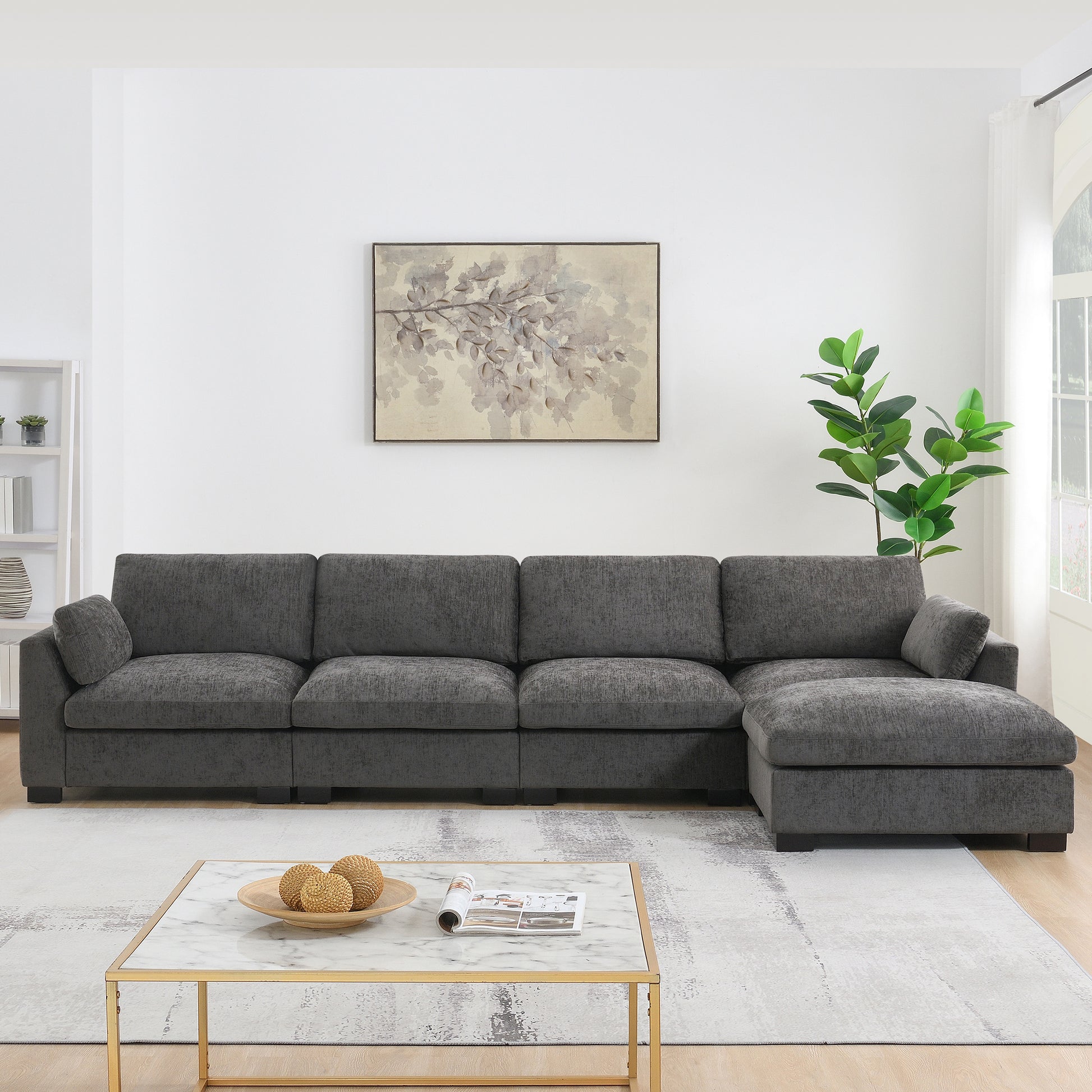 130" Modular Sectional Sofa - Charcoal Chenille with Folding Table & Charging