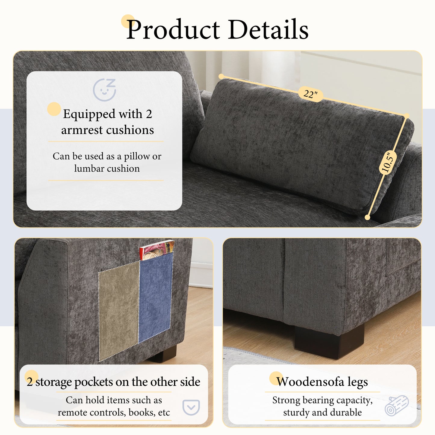 130" Modular Sectional Sofa - Charcoal Chenille with Folding Table & Charging