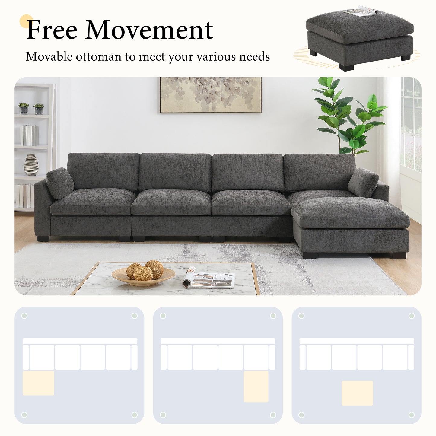 130" Modular Sectional Sofa - Charcoal Chenille with Folding Table & Charging