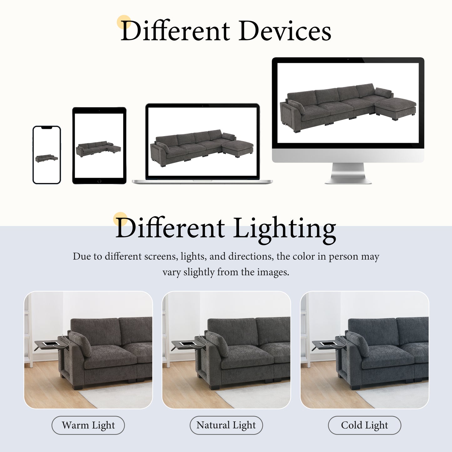 130" Modular Sectional Sofa - Charcoal Chenille with Folding Table & Charging