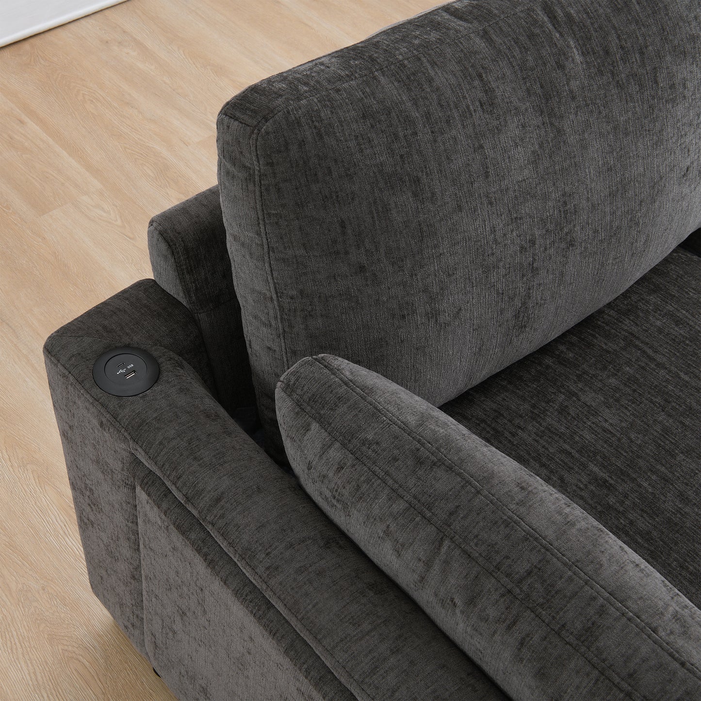 130" Modular Sectional Sofa - Charcoal Chenille with Folding Table & Charging