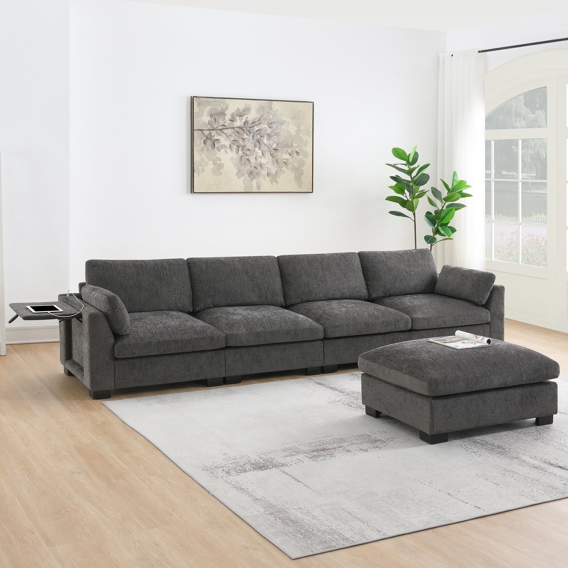 [VIDEO]130" Modular Sectional Sofa, L-Shape with Folding Table and Dual-Port Charging, Side Storage Pockets, 2 Armrest Pillows, Free Movement Ottoman, High Density Foam, Chenille, 5 Seat, 2 Colors