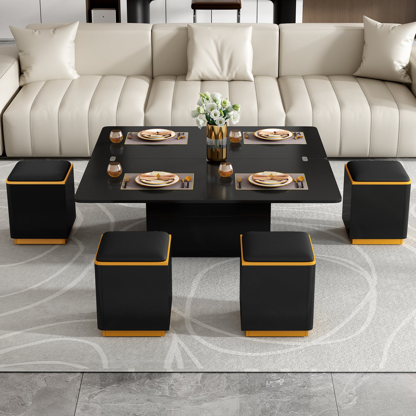 Living Room Black MDF Lift-Top Coffee Table with Foldable Dining and Storage Stools