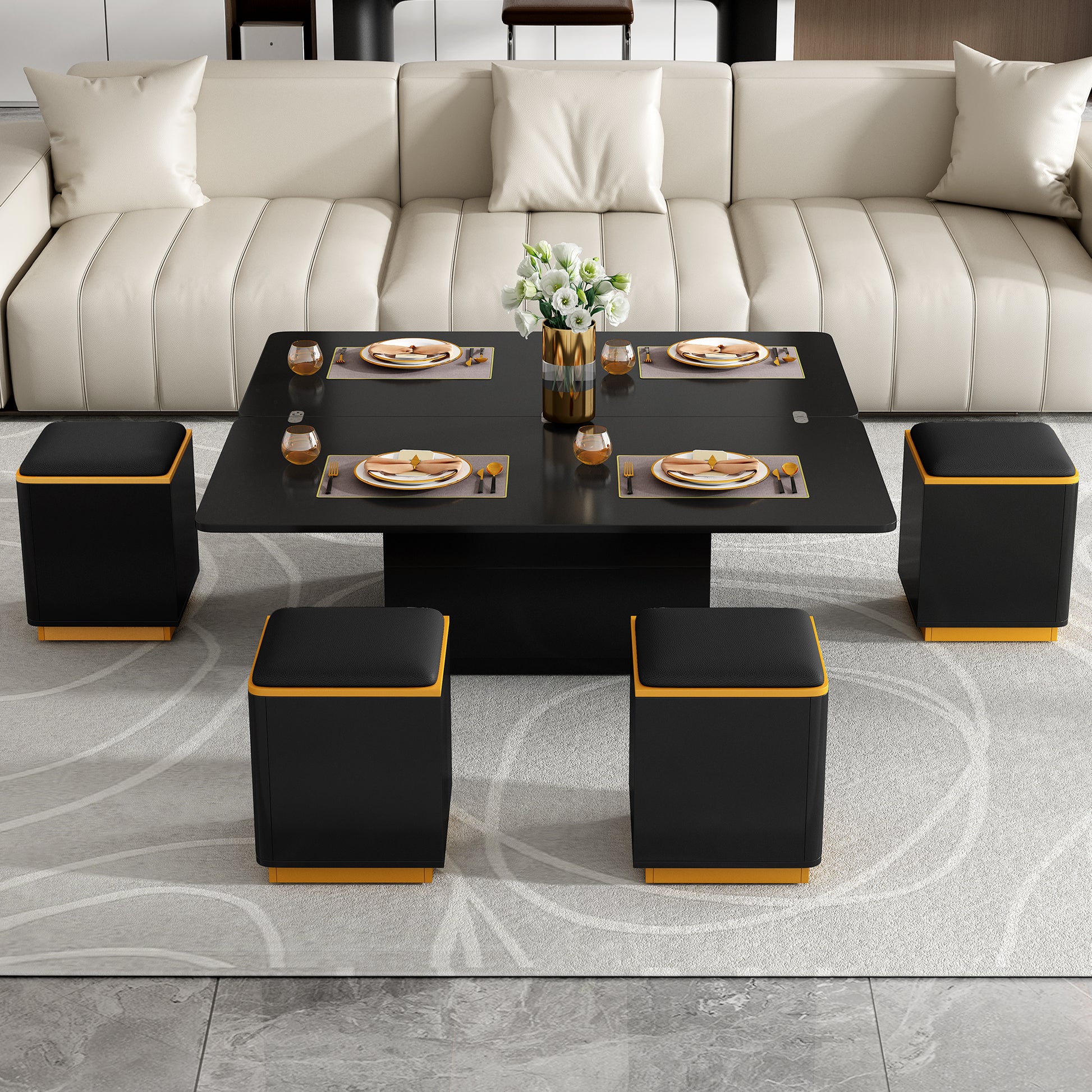 Living Room Black MDF Lift-Top Coffee Table with Foldable Dining and Storage Stools
